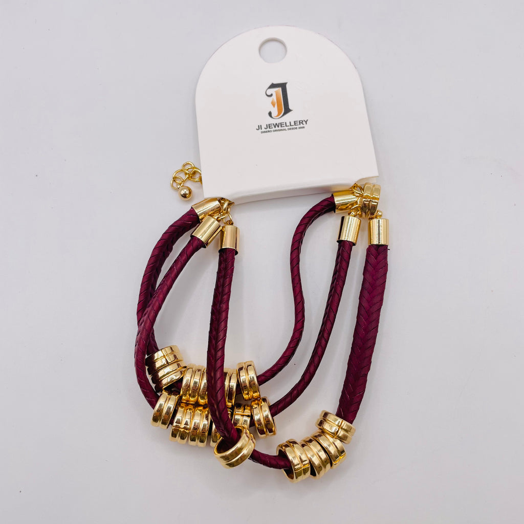 Pulsera de cuero trenzado con abalorios dorados, estilo multicapa, accesorio de moda mayorista|JI JOYA