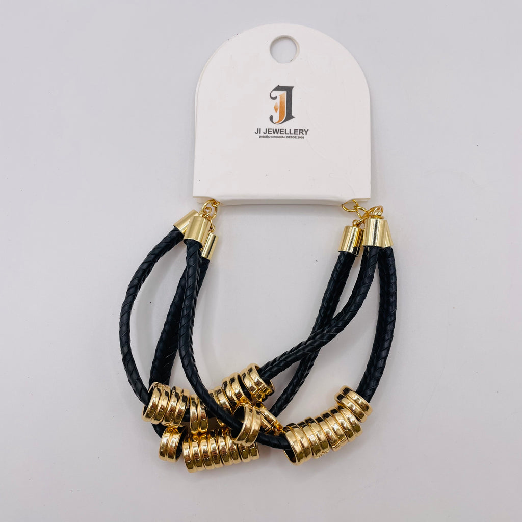 Pulsera de cuero trenzado con abalorios dorados, estilo multicapa, accesorio de moda mayorista|JI JOYA