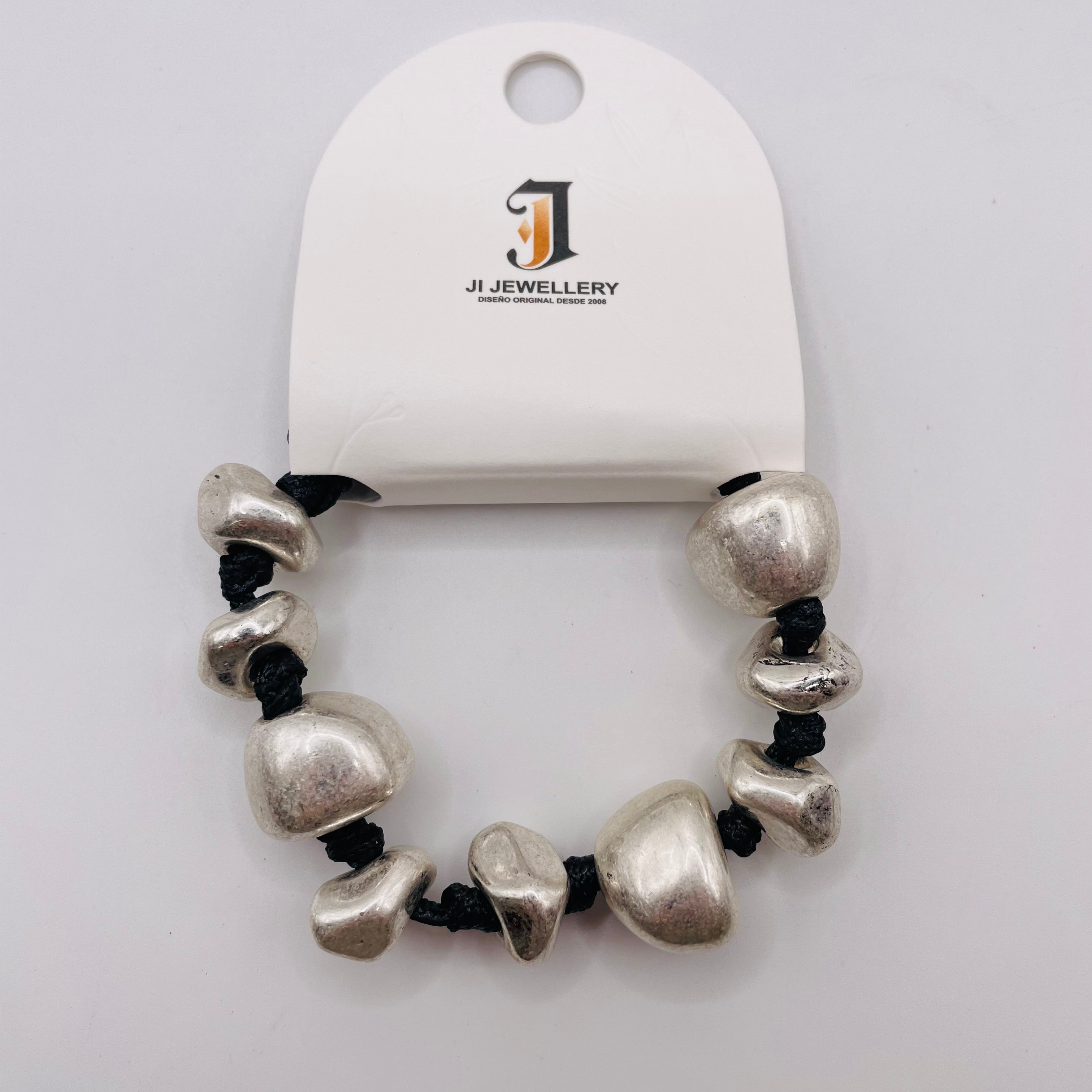 Pulsera de cuentas de metal plata en hilo negro｜Mayorista B2B｜Diseño Minimalista|JI JOYA