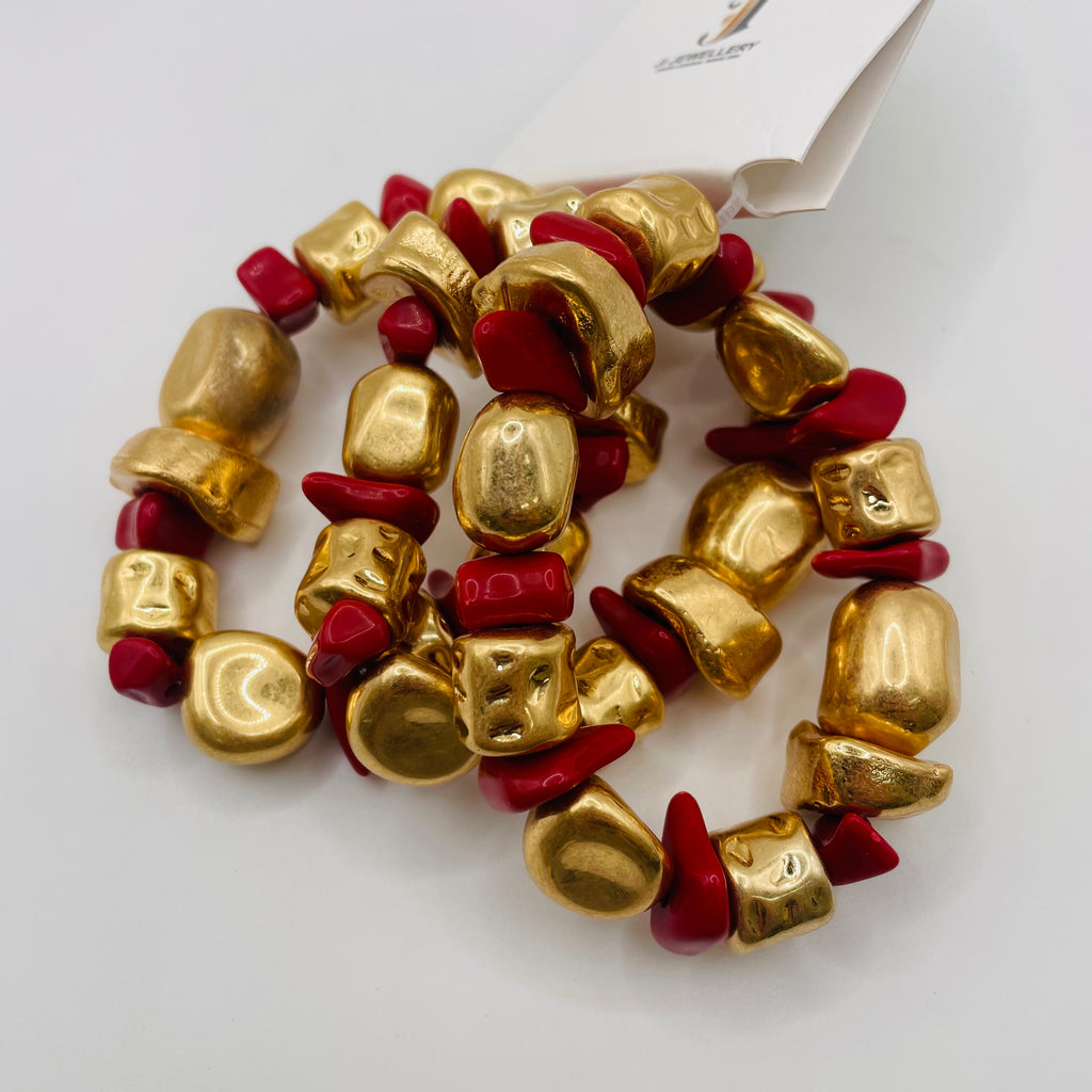 Pulseras de Piedra Irregular en Metal Dorado y Plateado, Set de 3 Unidades en Colores Turquesa, Rojo y Blanco | Bisutería al Por Mayor