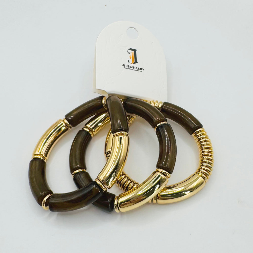 Set de 3 Pulseras Elásticas de Resina y Metal Dorado - Joyería Moda Mayorista|JI JOYA