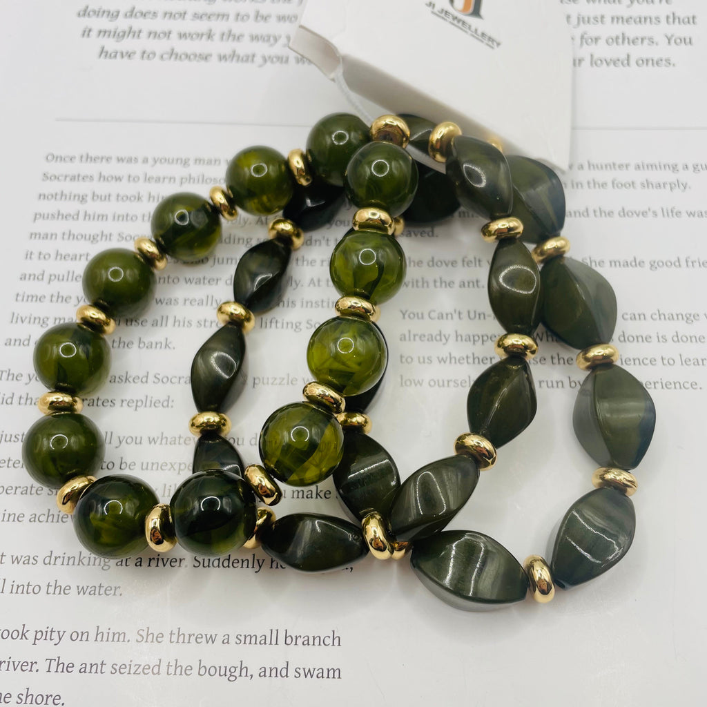 Pulseras de piedras sintéticas en tonos marrón y verde, accesorios de moda mayoristas, diseño de cuentas ovaladas con separadores dorados, joyería elegante al por mayor|JI JOYA