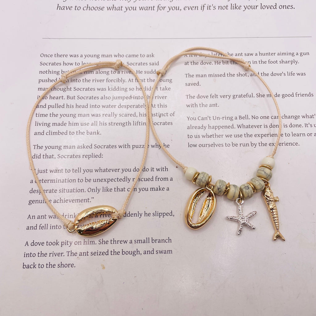Pulsera de Cuerda con Concha, Estrella de Mar y Pez - Moda Boho para Mujer, Mayorista|JI JOYA