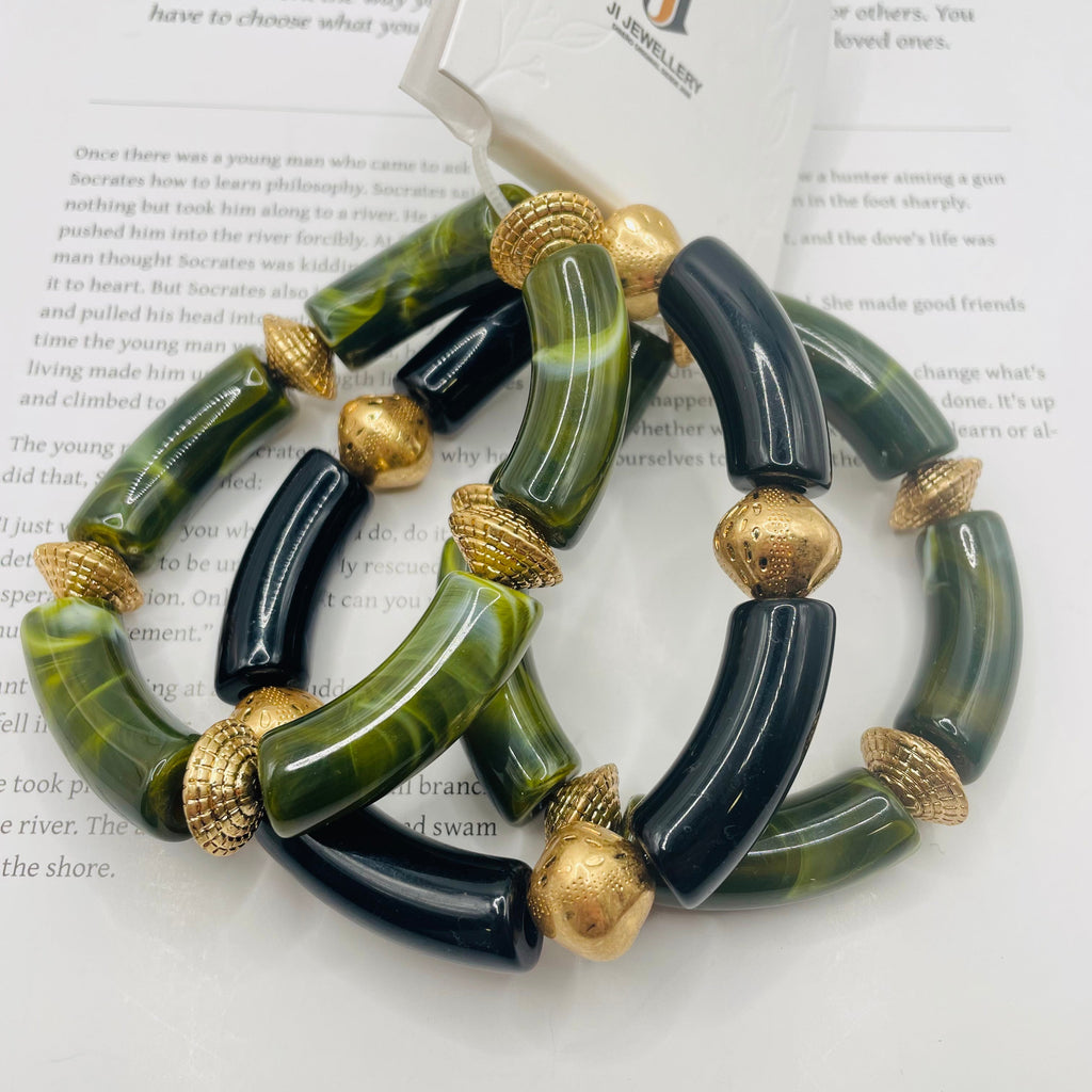Pulseras de cuentas curvas de ágata con acabado dorado | Lote mayorista B2B, 2 colores disponibles|JI JOYA