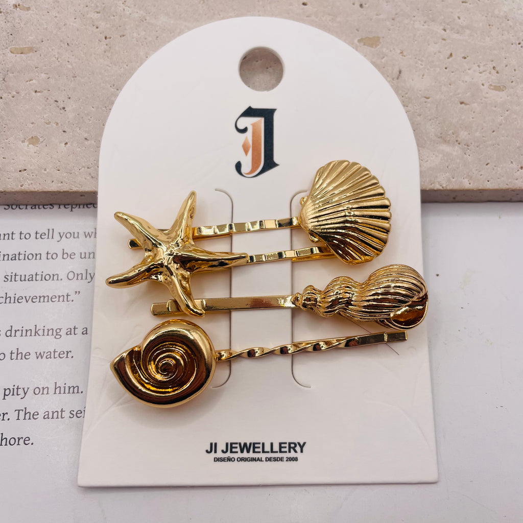 Set de 4 Pasadores de Pelo Dorados Estilo Marino - Diseño de Estrella de Mar, Concha y Caracol - Joyería de Moda para Mujeres - Mayorista|JI JOYA