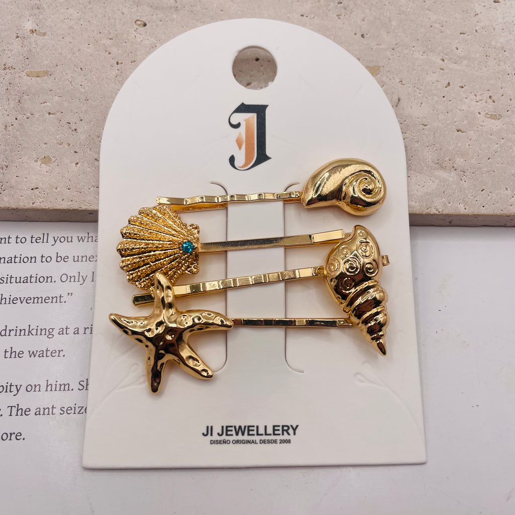 Pinzas para el Cabello Set Marino Dorado | Concha, Estrella de Mar y Caracol | Joyería de Moda para Mayoristas|JI JOYA