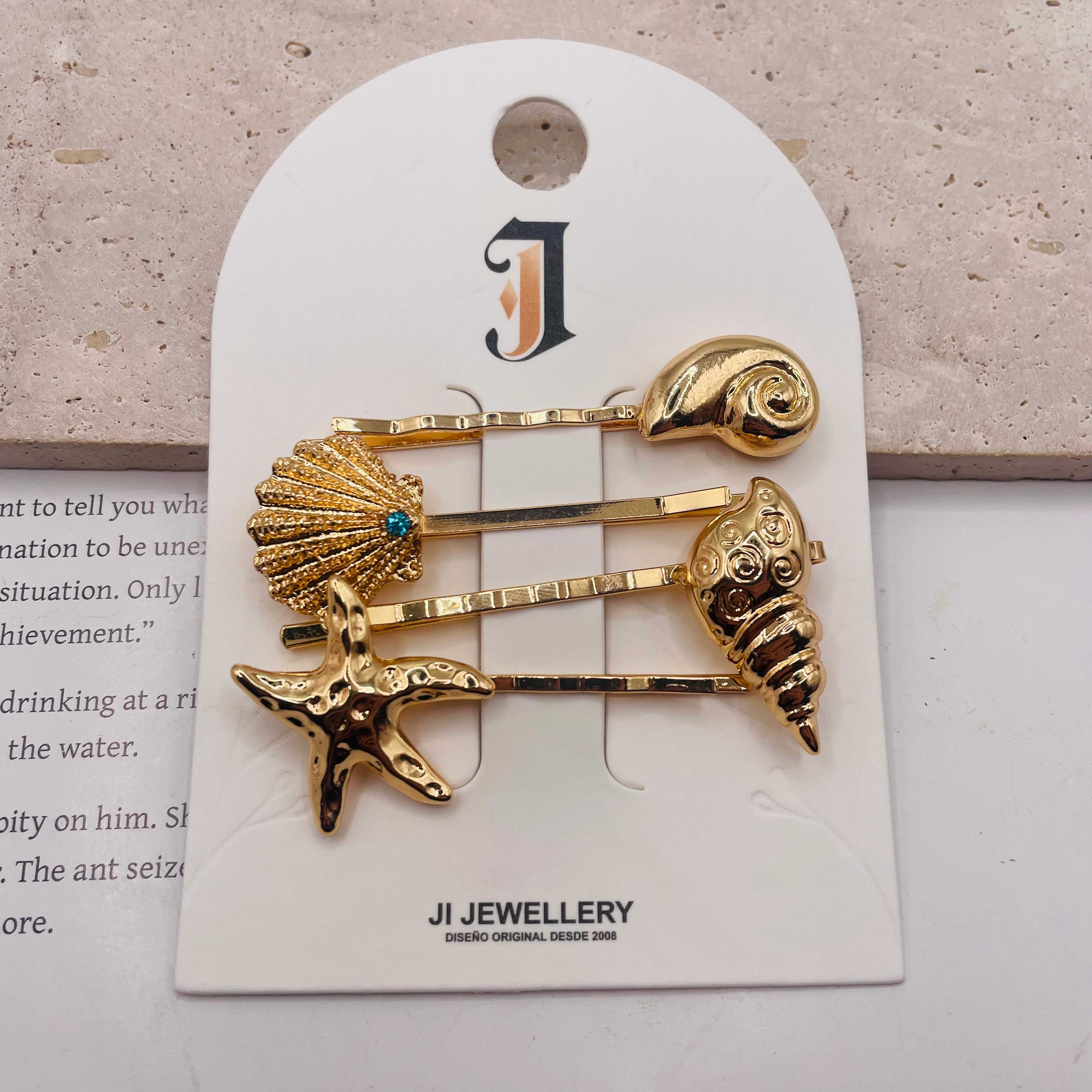 Pinzas para el Cabello Set Marino Dorado | Concha, Estrella de Mar y Caracol | Joyería de Moda para Mayoristas|JI JOYA