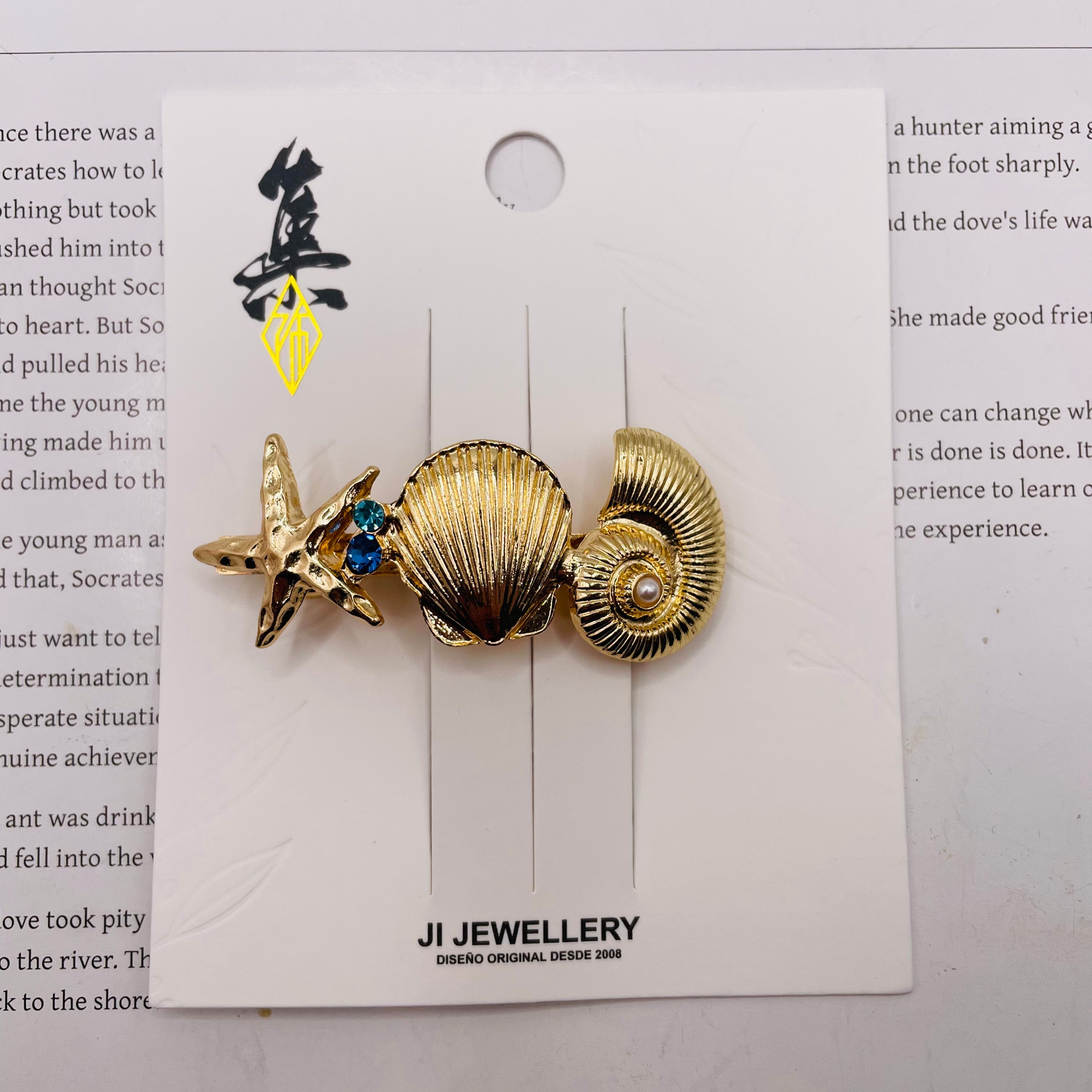 JI JOYAS - Pasador de Cabello Marino Dorado - Diseño Estrella de Mar, Concha y Nautilus con Cristales Azules y Perla - Accesorio de Pelo para Mujer, Mayorista|JI JOYA