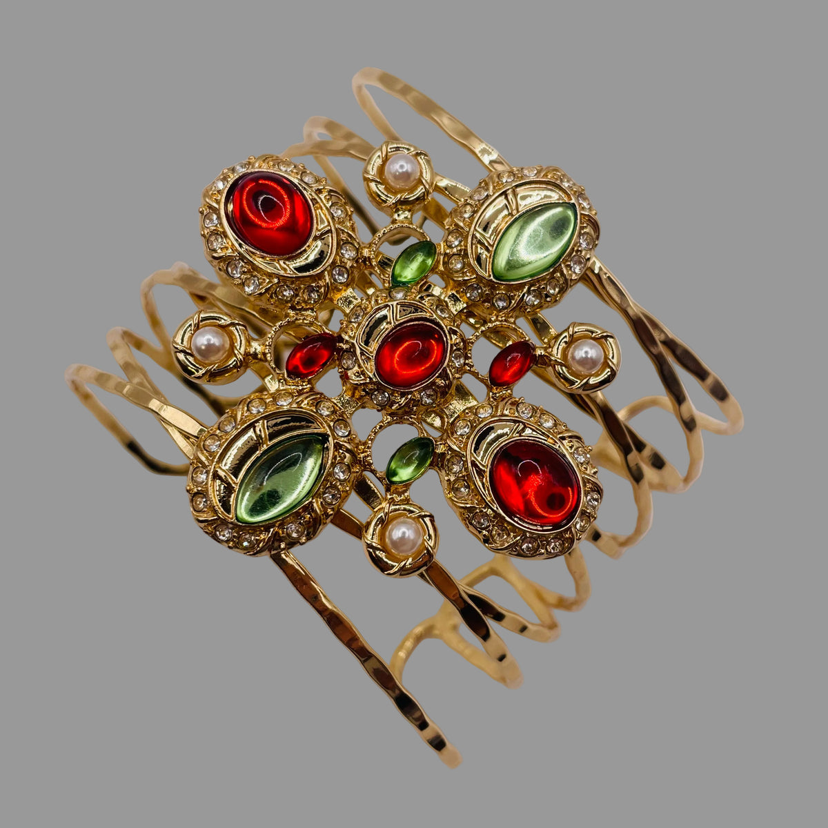 Conjunto Collar y Brazalete Vintage Cruz, Piedras de Color, Perlas Imitación, Joyería al por Mayor para Mujer|JI JOYA