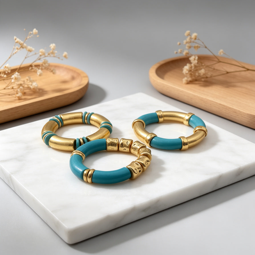 Pulseras Elásticas de Oro y Turquesa - Juego de 3 Piezas | Joyería de Moda para Mujer - Venta al Por Mayor|JI JOYA