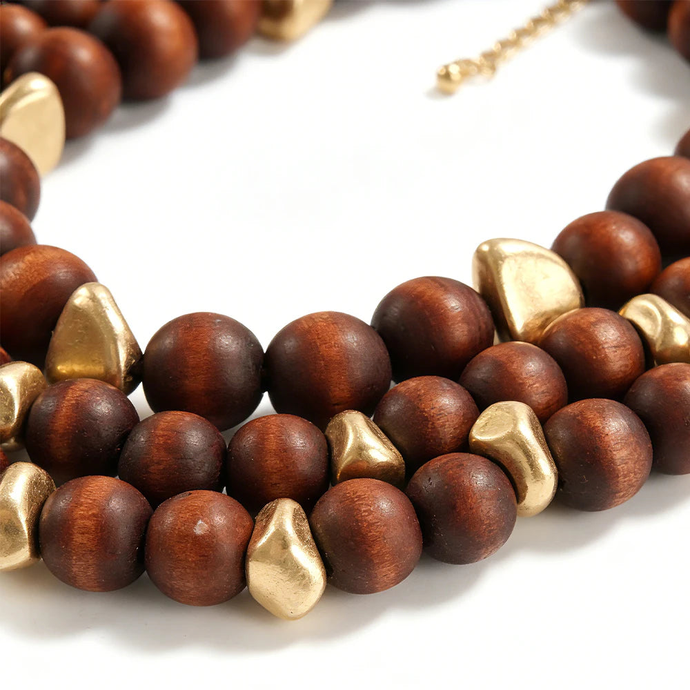 Collar de 3 Capas Desmontable de Madera y Latón - Joyería al Por Mayor |JI JOYA