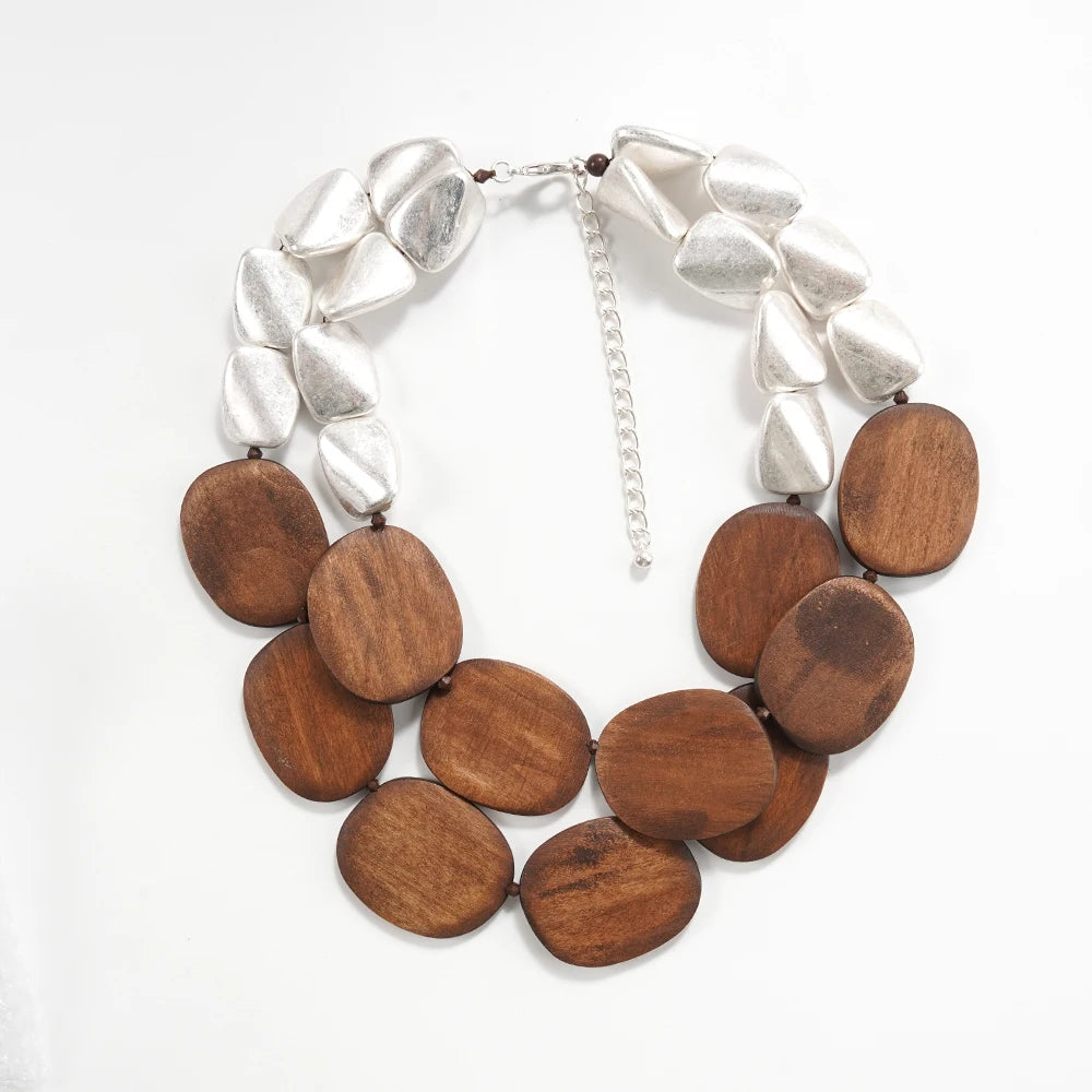 Collar de Madera y Metal Dorado/Plateado - Estilo Boho Minimalista para Mujer|JI JOYA