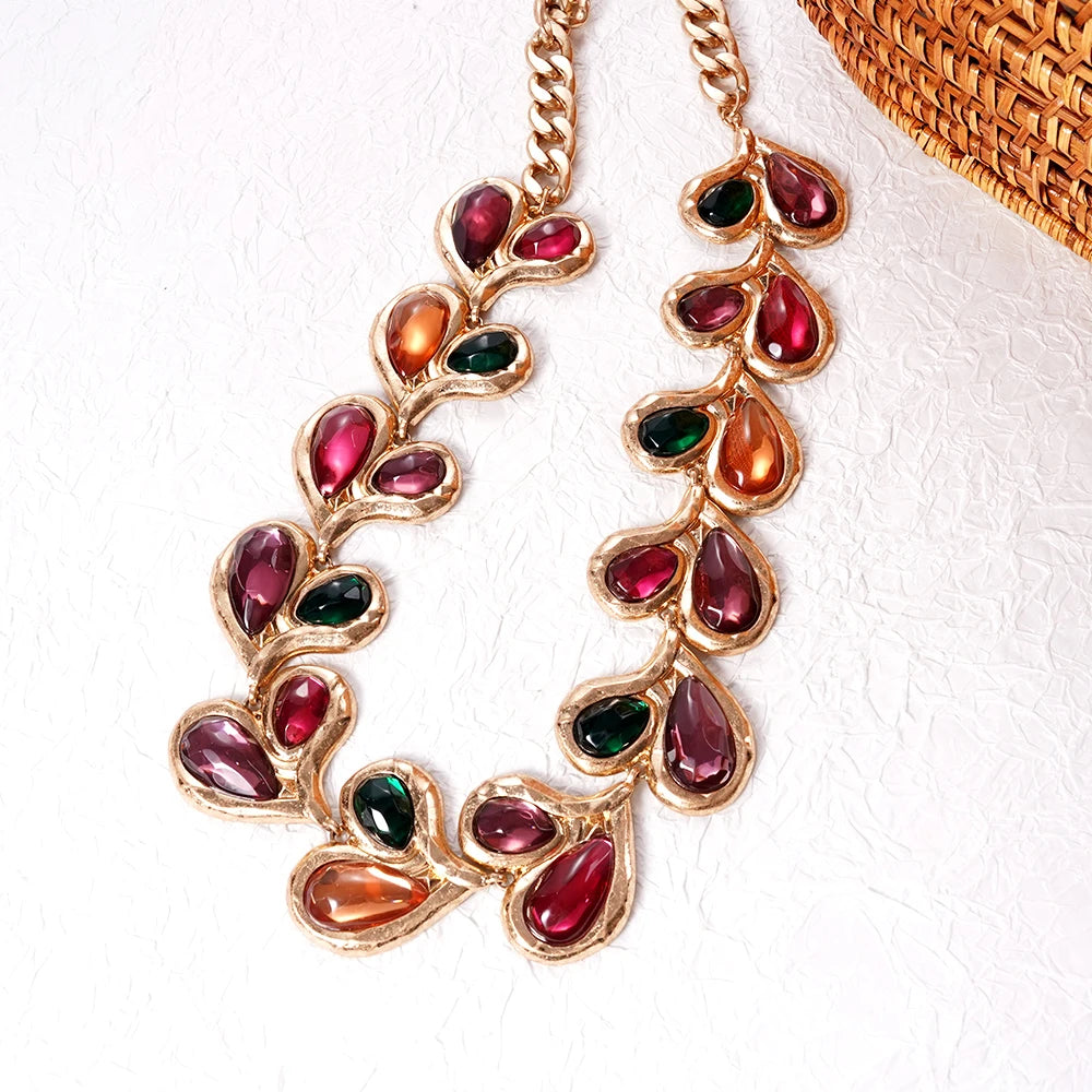 Set de Joyería Vintage Dorada con Piedras Multicolores | Collar + Pendientes + Cinturón - Venta al Por Mayor|JI JOYA