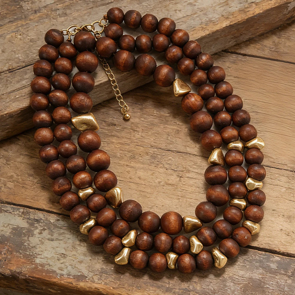 Collar de 3 Capas Desmontable de Madera y Latón - Joyería al Por Mayor |JI JOYA