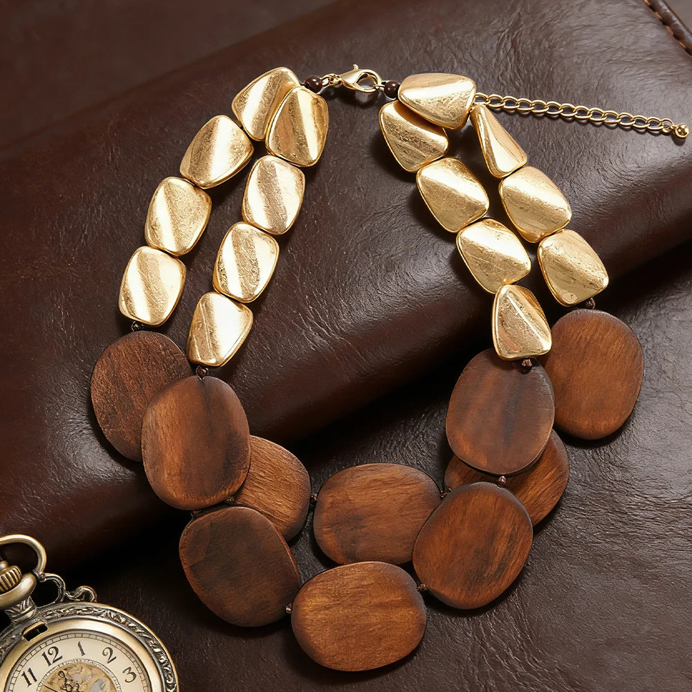 Collar de Madera y Metal Dorado/Plateado - Estilo Boho Minimalista para Mujer|JI JOYA