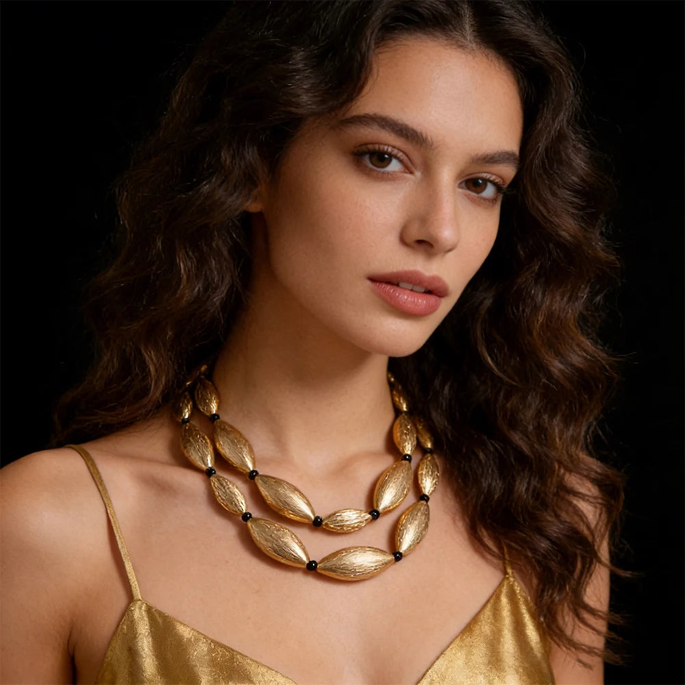 Collar Largo Multicapa con Cuentas de Oliva Texturizadas - Joyería Elegante para Mujer|JI JOYA