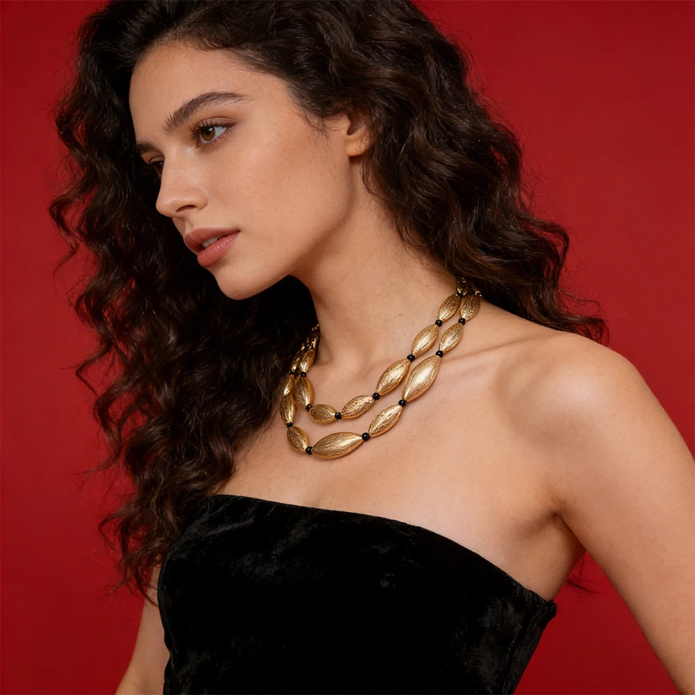 Collar Largo Multicapa con Cuentas de Oliva Texturizadas - Joyería Elegante para Mujer|JI JOYA