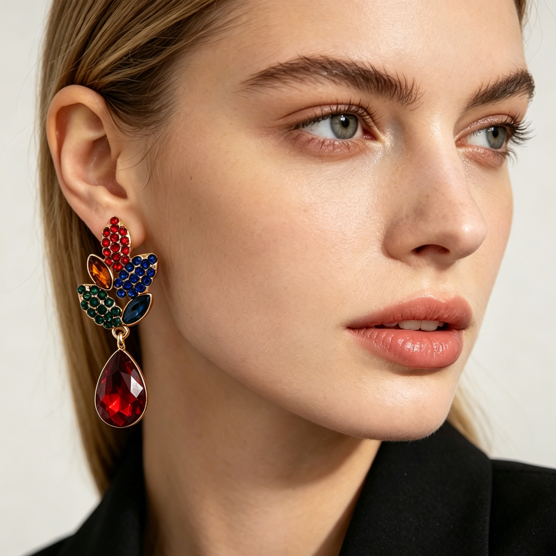Pendientes de Cristal Multicolor con Colgante de Gota Roja - Joyería de Moda para Mujer, Diseño Floral, Baño de Oro, Venta al Por Mayor|JI JOYA