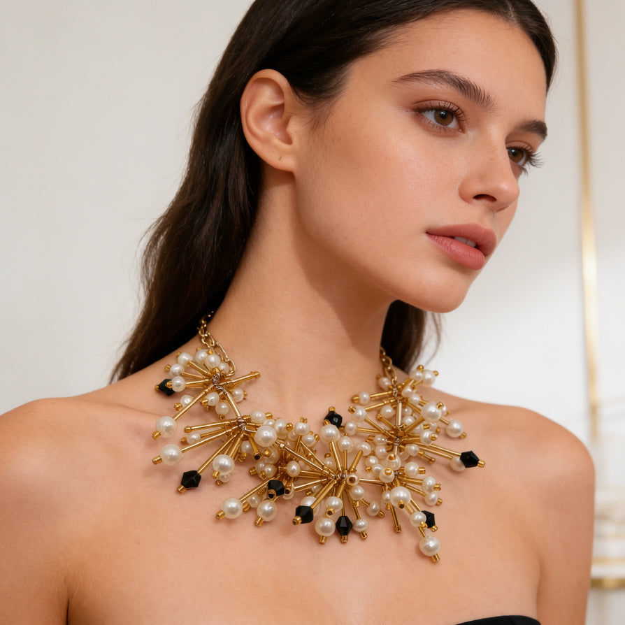 Collar de Gargantilla Estrella con Perlas y Cristales Transparentes - Joyería Minimalista Lujosa|JI JOYA
