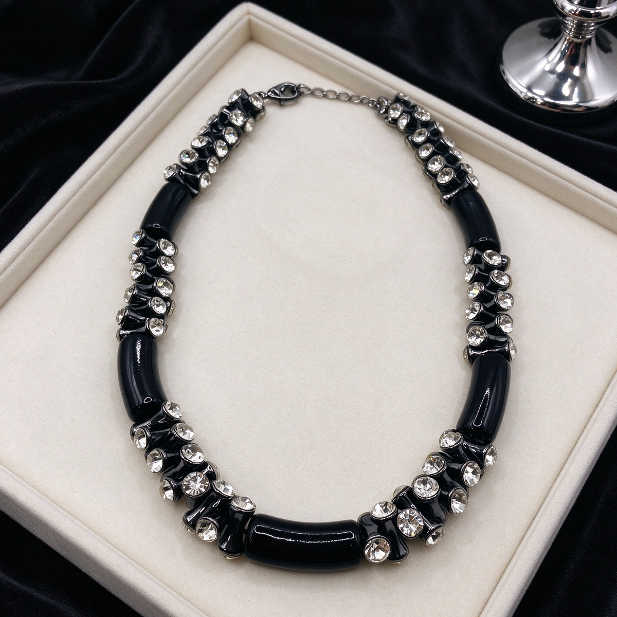 Collar de moda al por mayor, abalorios tubulares negros brillantes con strass, joyería llamativa para mujer, accesorio de fiesta|JI JOYA