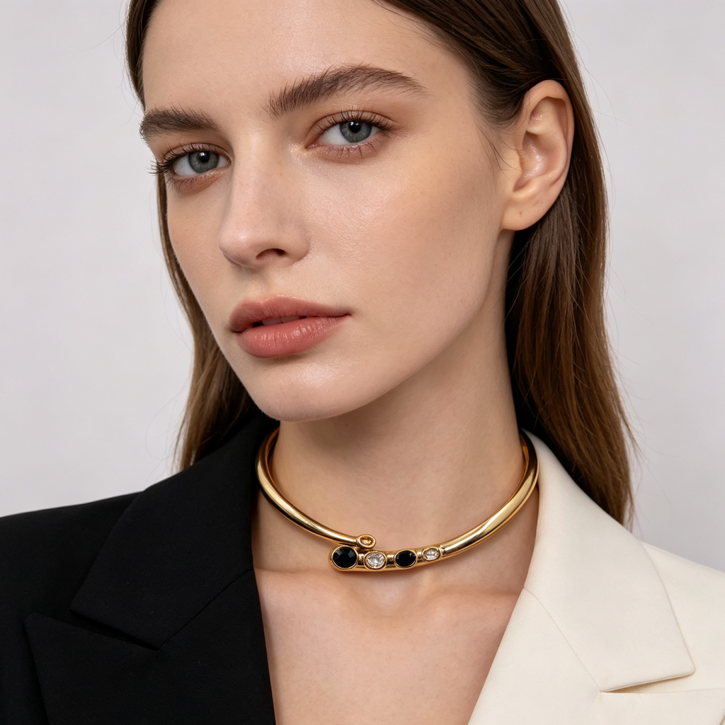Collar Choker Apertura Plata/Dorado con Piedras Negras y Transparentes | Joya al por mayor