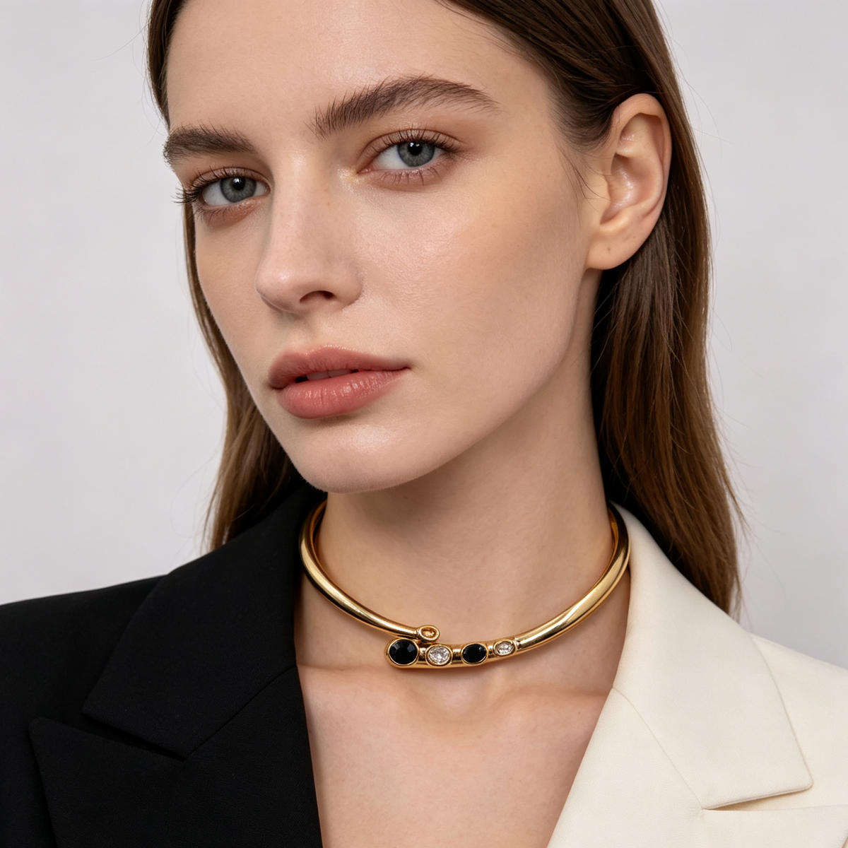 Collar Choker Apertura Plata/Dorado con Piedras Negras y Transparentes | Joya al por mayor