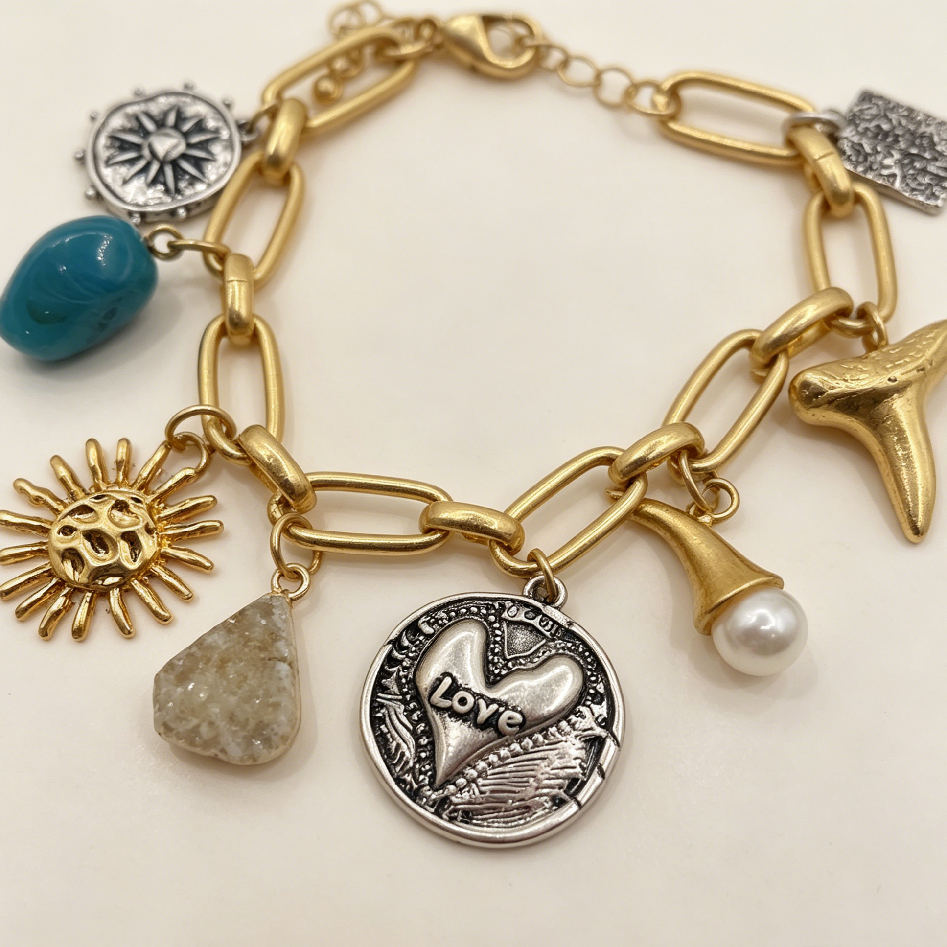 Pulsera cadena gruesa mezcla oro y plata, dijes sol, corazón, perla, piedra natural, accesorios mujer mayorista|JI JOYA