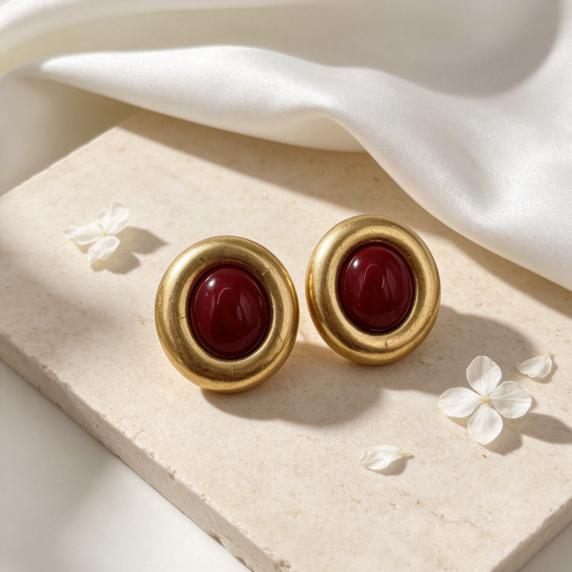 Pendientes Ovalados Vintage Metal Dorado Piedra Resina Mayorista B2B|JI JOYA