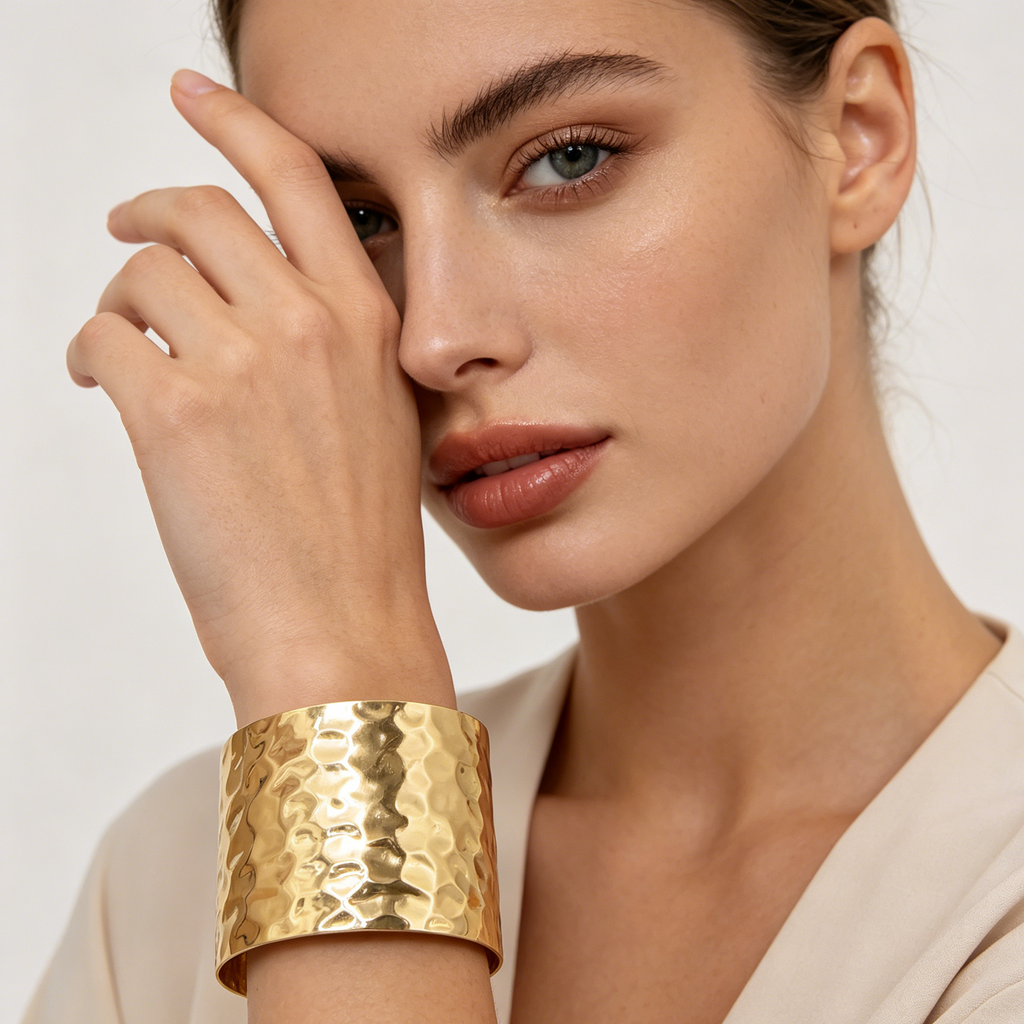 Pulsera Ancha Abierta Texturizada Martillada Acero Inoxidable Mayorista, Brazalete Irregular Unisex Dorado y Plata|JI JOYA