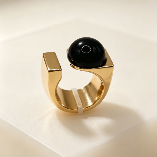 Anillo minimalista de metal dorado con esfera negra, diseño abierto, joyería de moda al por mayor|JI JOYA