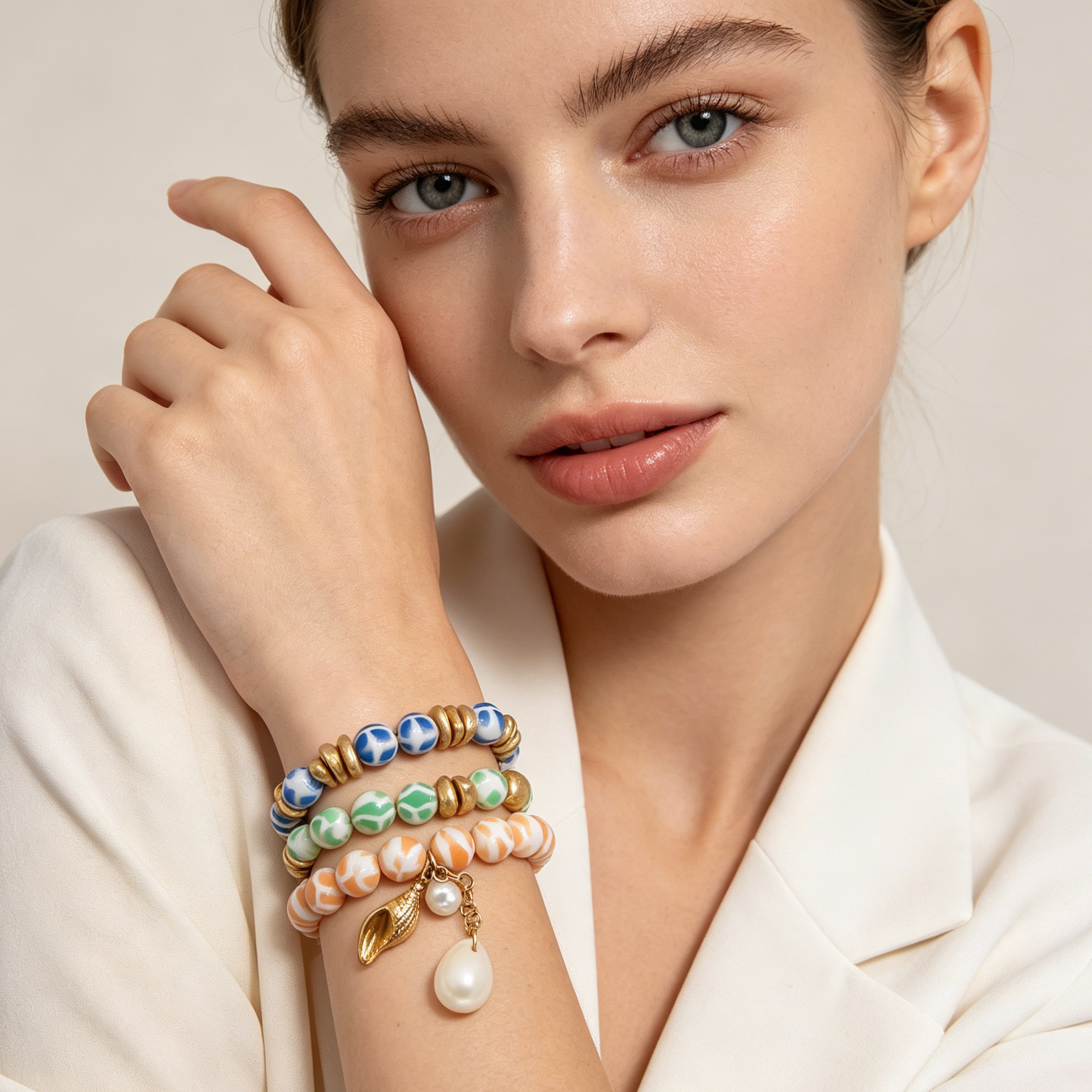 Pulseras de cuentas coloridas con accesorios de concha, conjunto de 3 unidades, joyería de moda al por mayor|JI JOYA