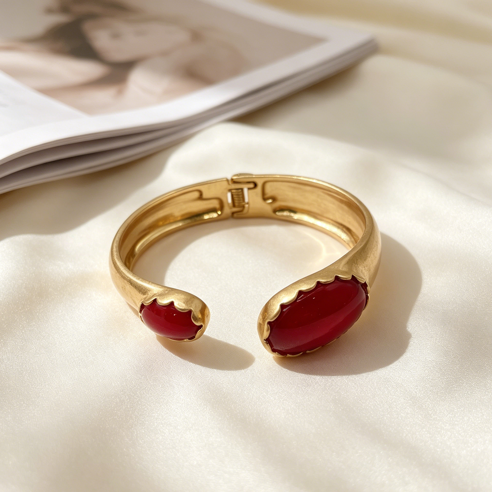 Pulsera Brazalete Abierto con Piedra Roja Esmaltada, Metal Dorado Mate, Joyería Mayorista Mujer|JI JOYA