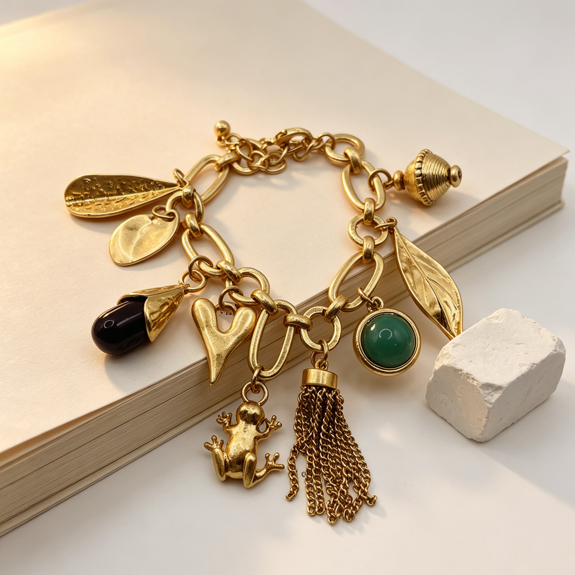 Pulsera Vintage de Metal Dorado con Colgantes Rana, Corazón, Hoja y Piedra Verde, Accesorio Mujer Mayorista|JI JOYA