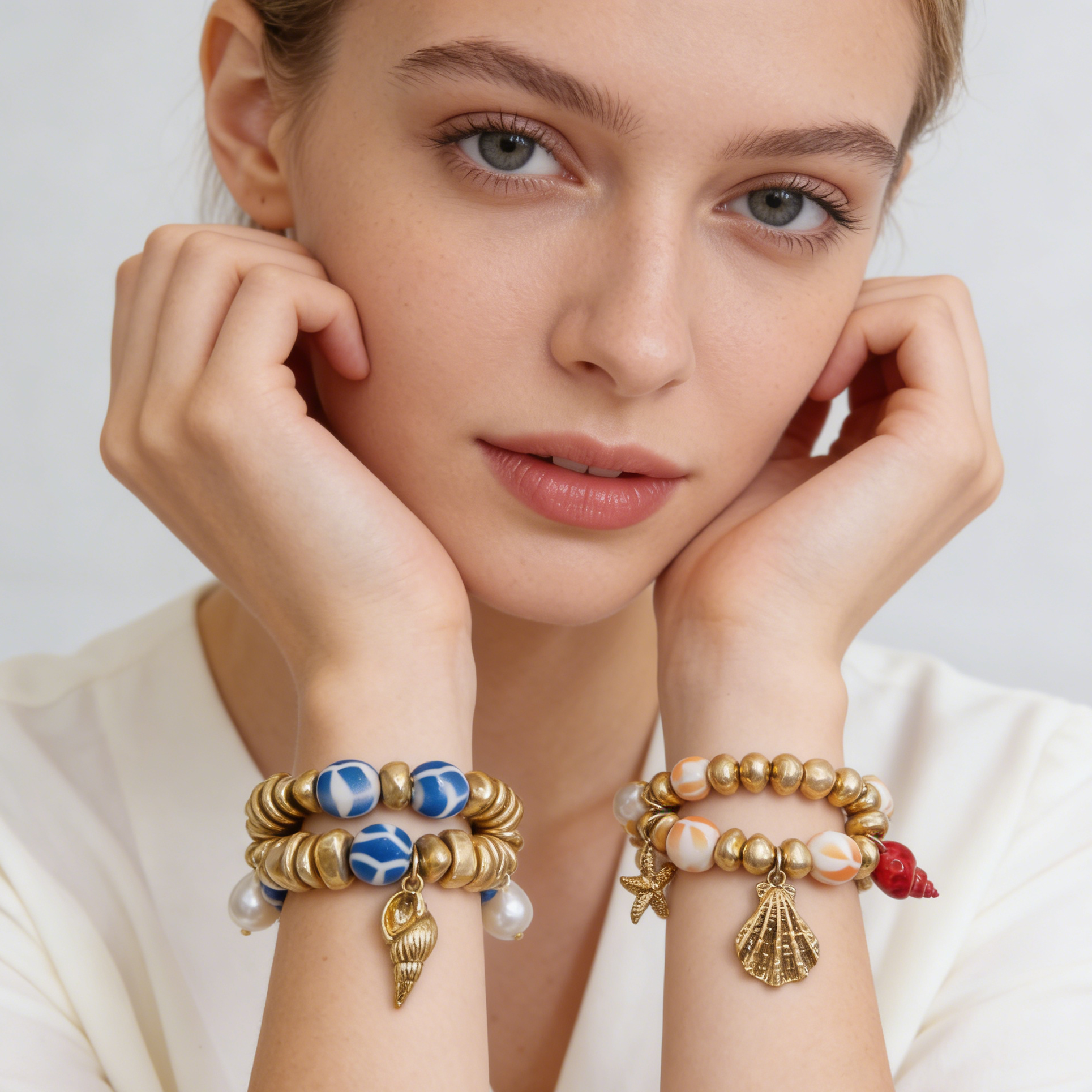 Pulseras de Concha Doradas Juego 2 Unidades, Brazalete de Cuentas Marinas Verano Mayorista Joyería Moda Mujer|JI JOYA