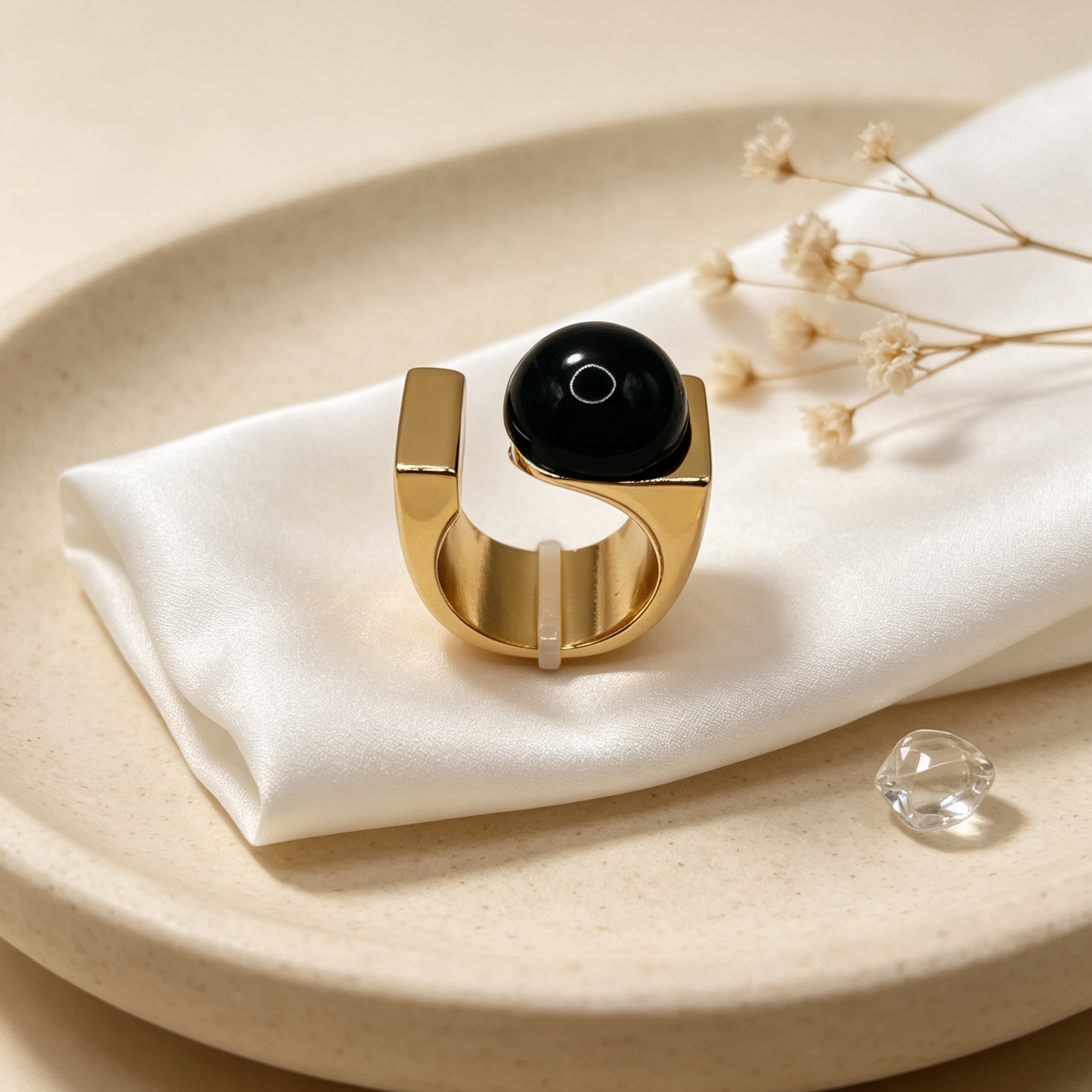 Anillo minimalista de metal dorado con esfera negra, diseño abierto, joyería de moda al por mayor|JI JOYA