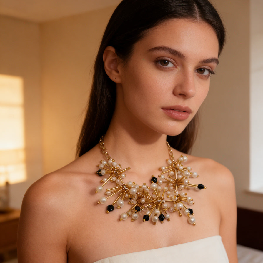 Collar de Gargantilla Estrella con Perlas y Cristales Transparentes - Joyería Minimalista Lujosa|JI JOYA