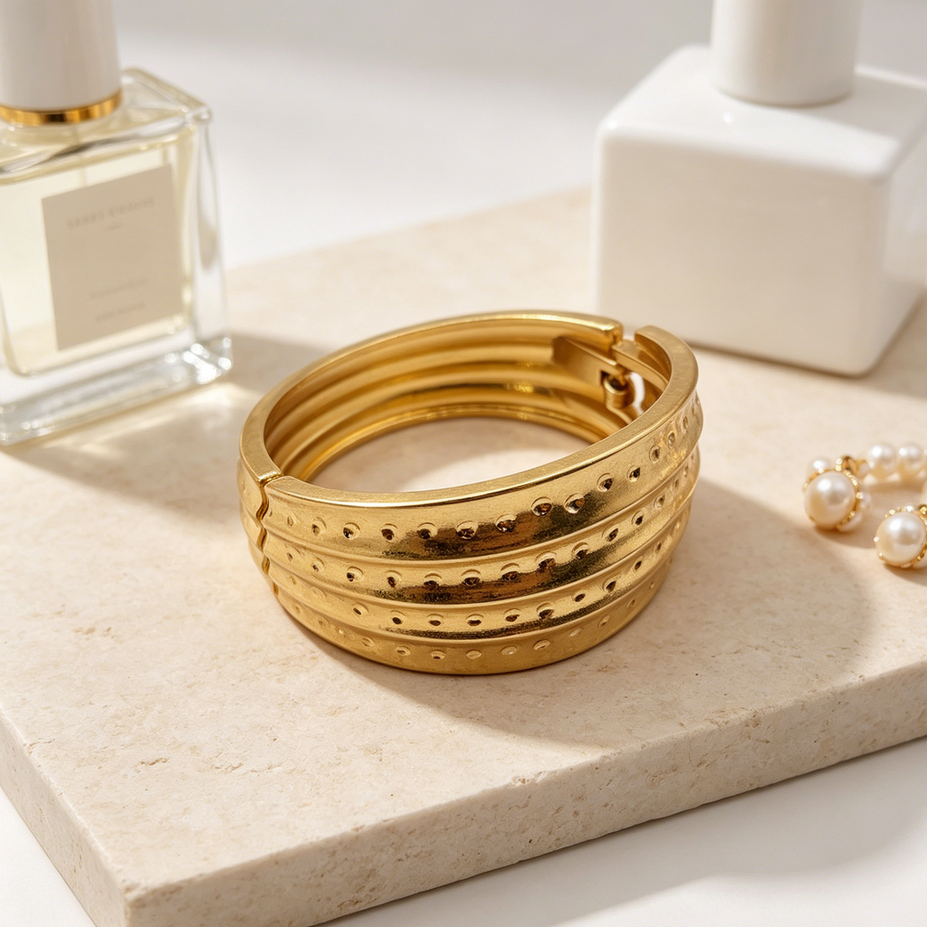 Pulsera Brazalete Dorada Texturizada con Diseño de Puntos, Brazalete Abierto de Aleación de Zinc para Mujer, Joyería al Por Mayor|JI JOYA