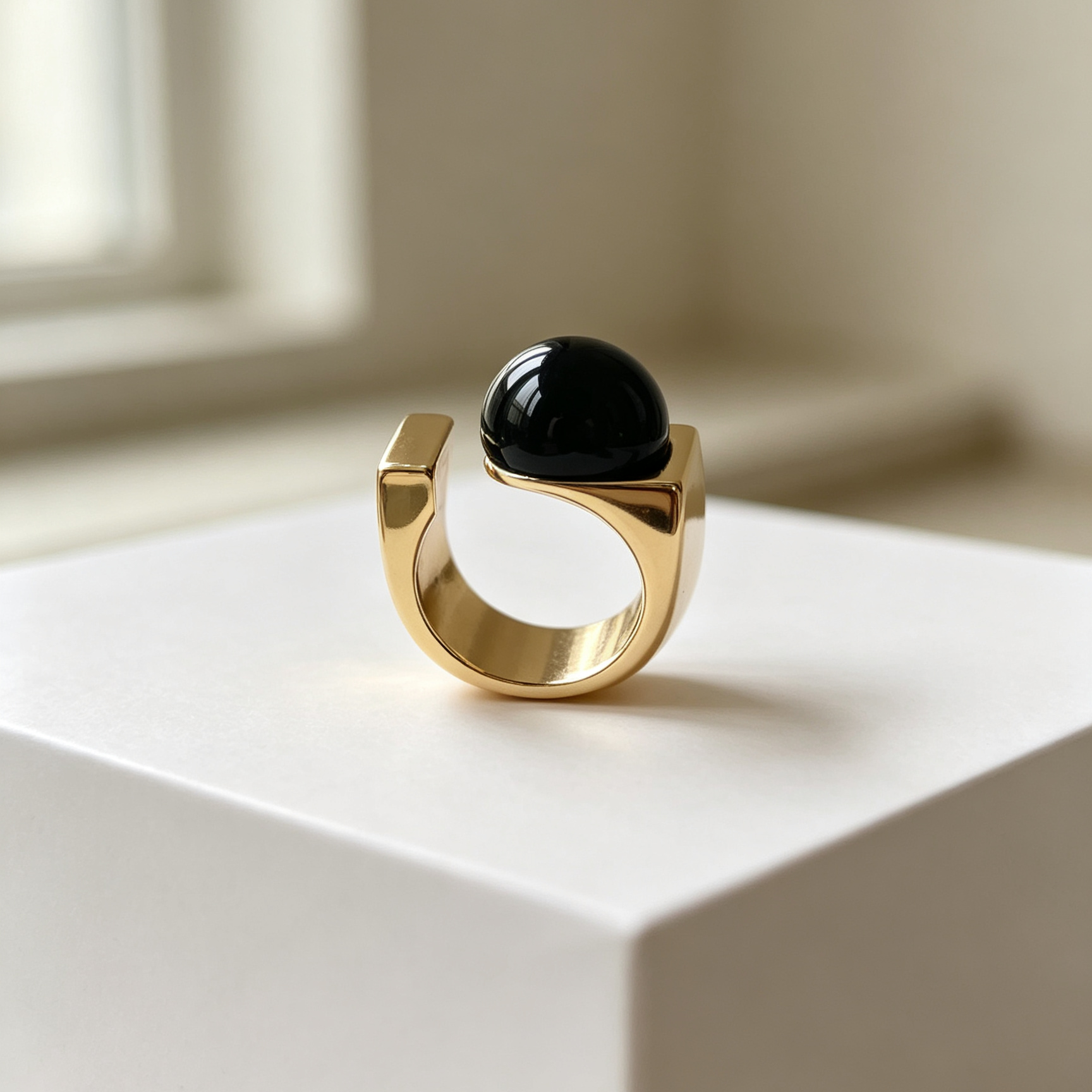 Anillo minimalista de metal dorado con esfera negra, diseño abierto, joyería de moda al por mayor|JI JOYA