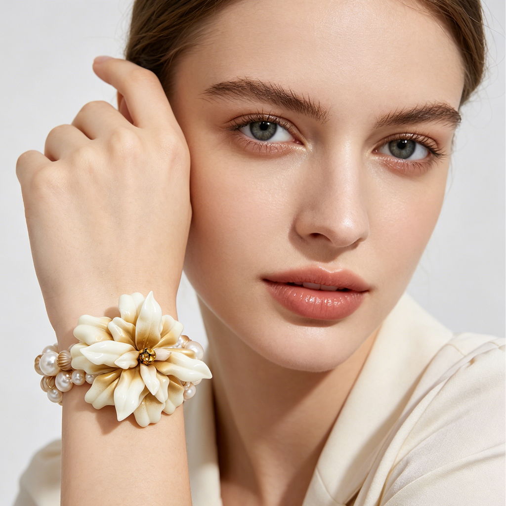 Pulsera Flor Elegante Perla Dorada al Por Mayor, Brazalete Resina con Cristal para Mujer, Accesorio Moda Mayorista|JI JOYA