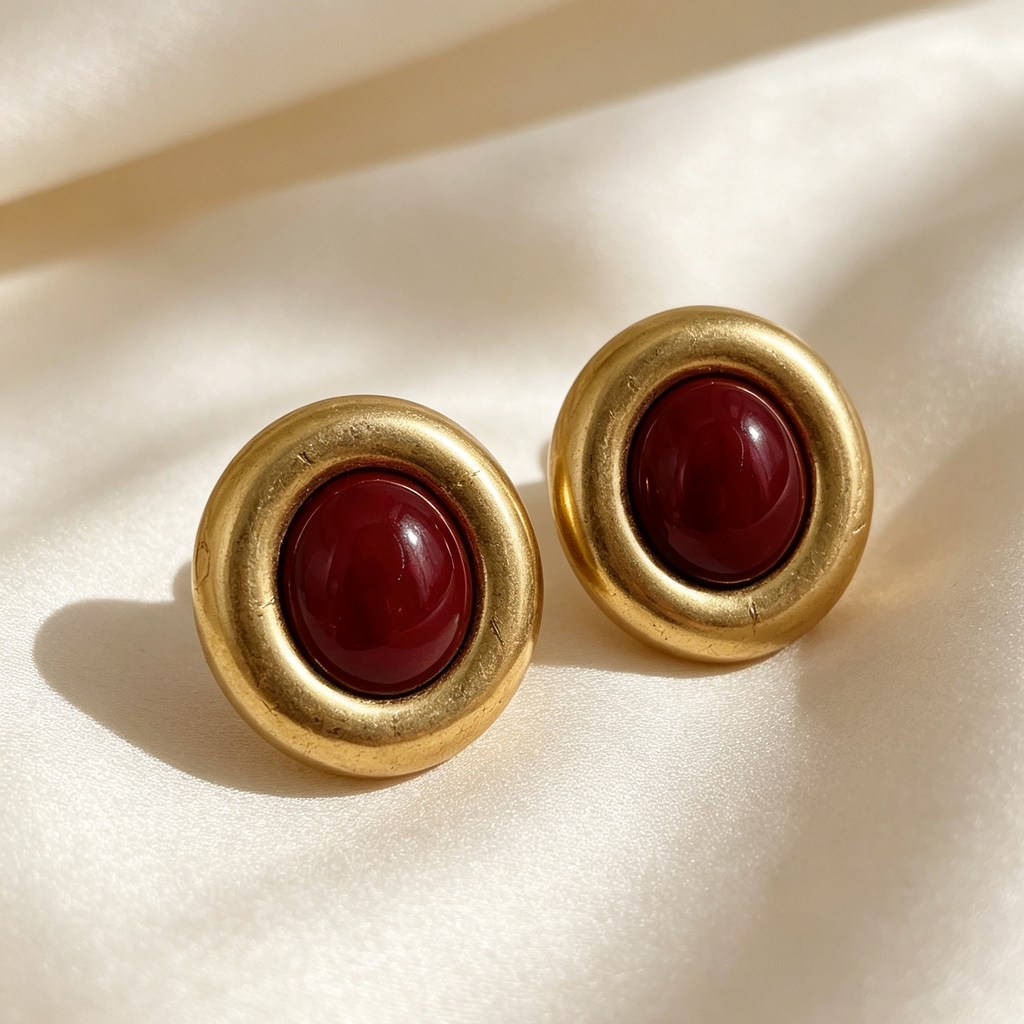 Pendientes Ovalados Vintage Metal Dorado Piedra Resina Mayorista B2B|JI JOYA
