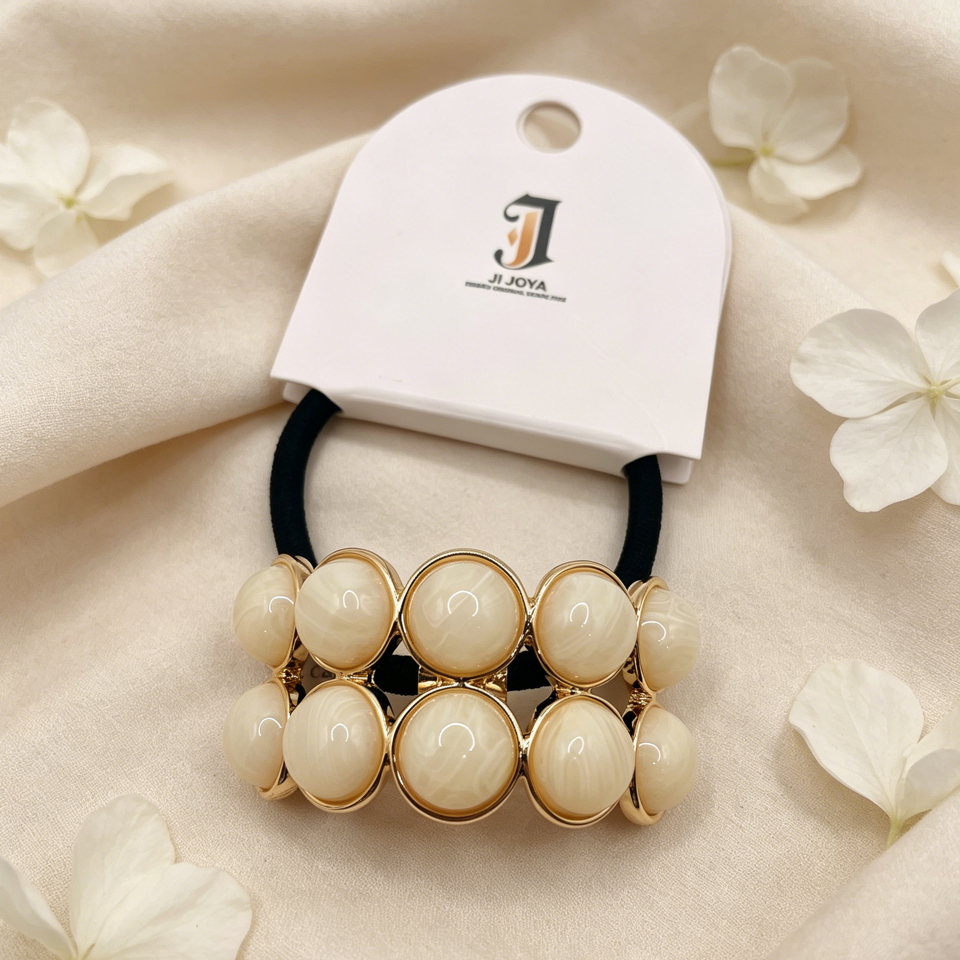 Lote Mayorista Elástico para Pelo con Bolas Resina Doradas, 2 Colores, Goma de Pelo Elegante para Mujer, Accesorio de Pelo al Por Mayor|JI JOYA