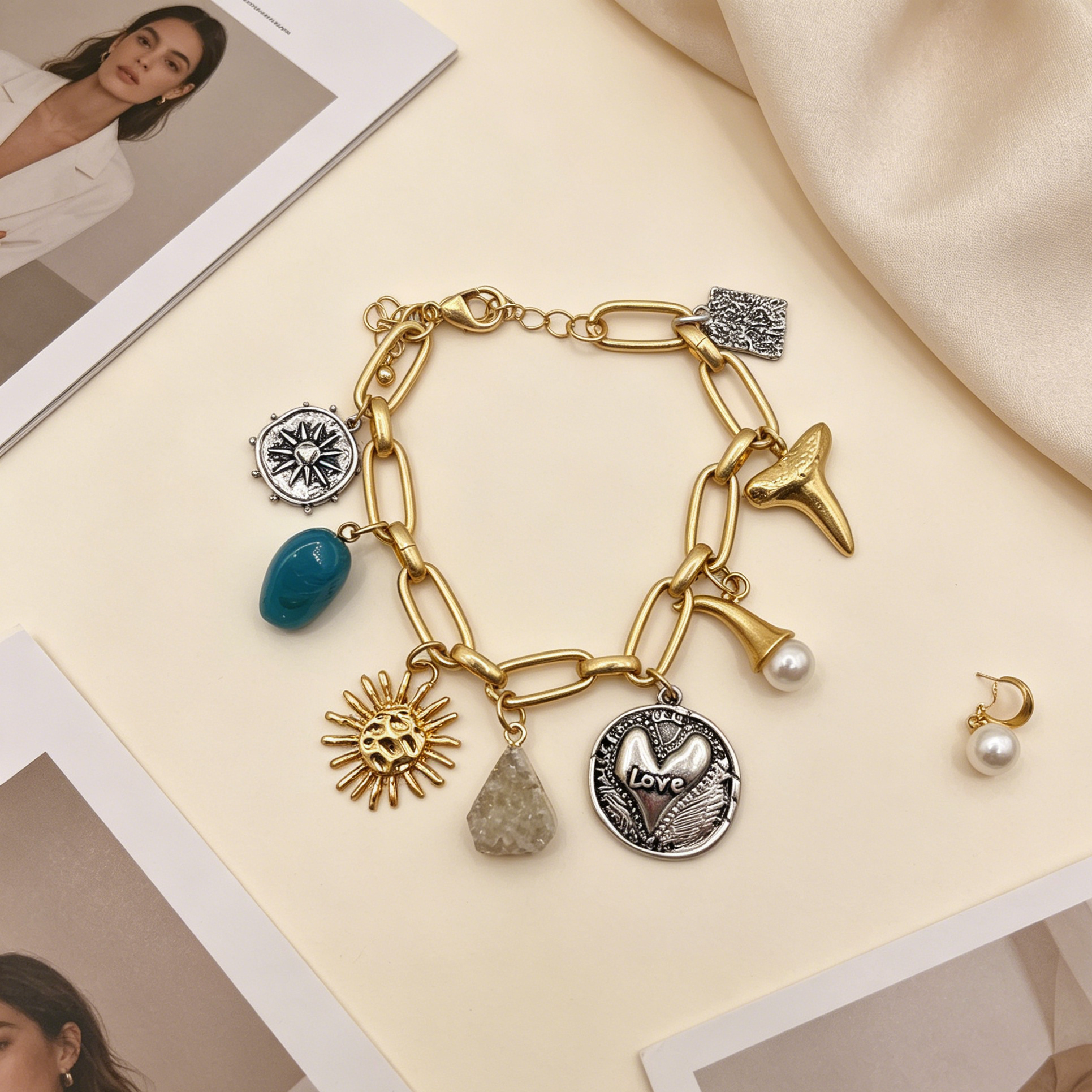 Pulsera cadena gruesa mezcla oro y plata, dijes sol, corazón, perla, piedra natural, accesorios mujer mayorista|JI JOYA