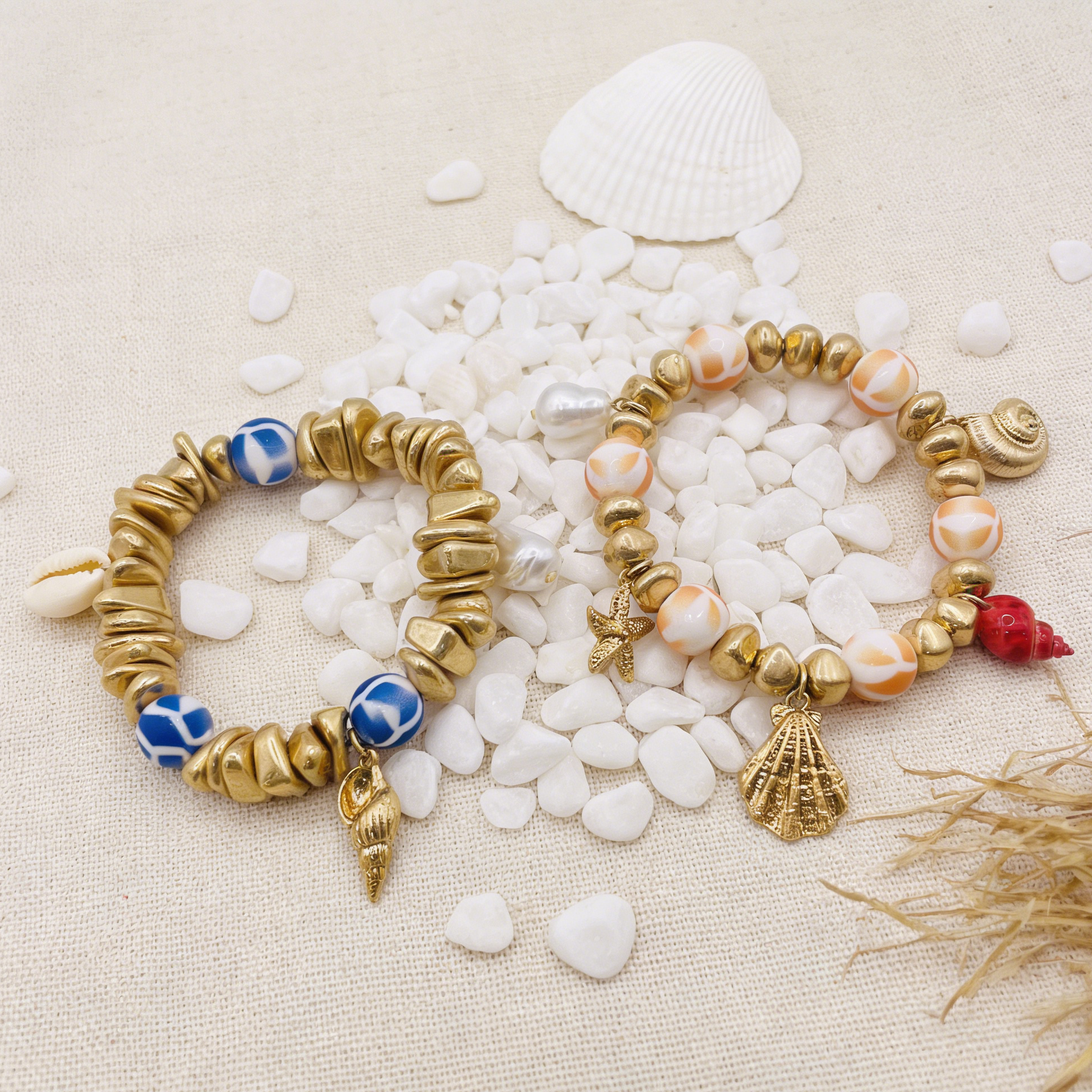 Pulseras de Concha Doradas Juego 2 Unidades, Brazalete de Cuentas Marinas Verano Mayorista Joyería Moda Mujer|JI JOYA