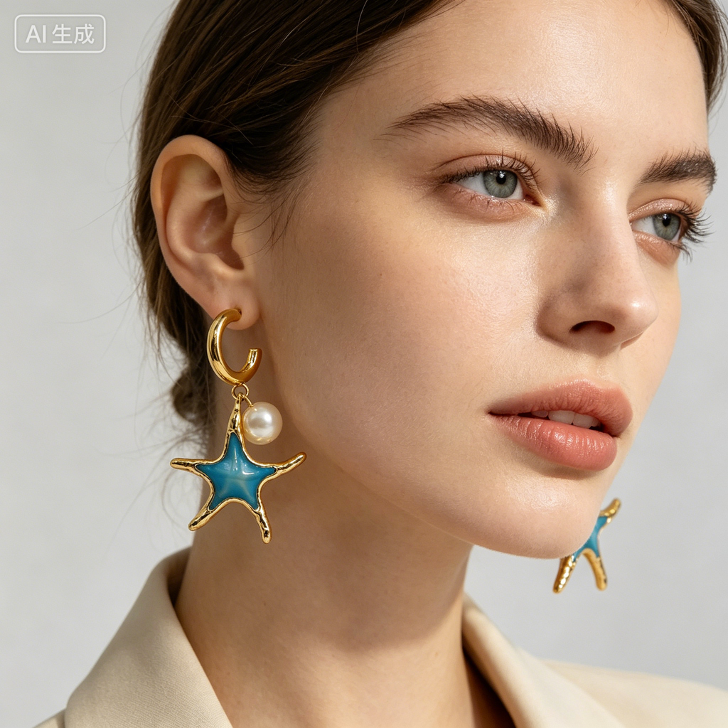 Aretes Colgantes Estrella de Mar Esmalte Azul/Rojo con Perla| Joyería Mayorista Mujer|JI JOYA
