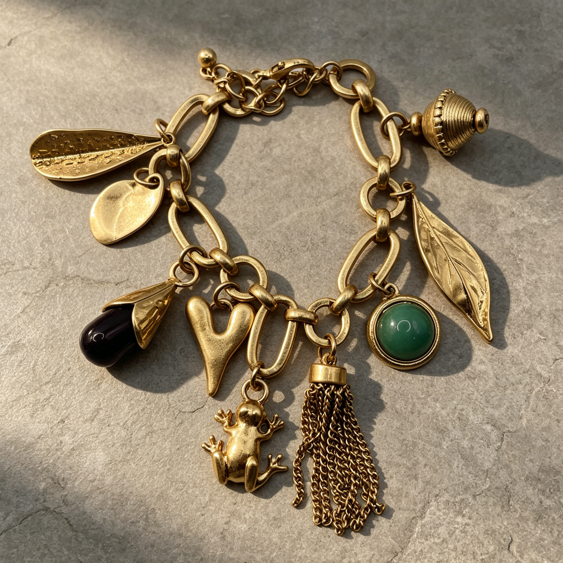 Pulsera Vintage de Metal Dorado con Colgantes Rana, Corazón, Hoja y Piedra Verde, Accesorio Mujer Mayorista|JI JOYA