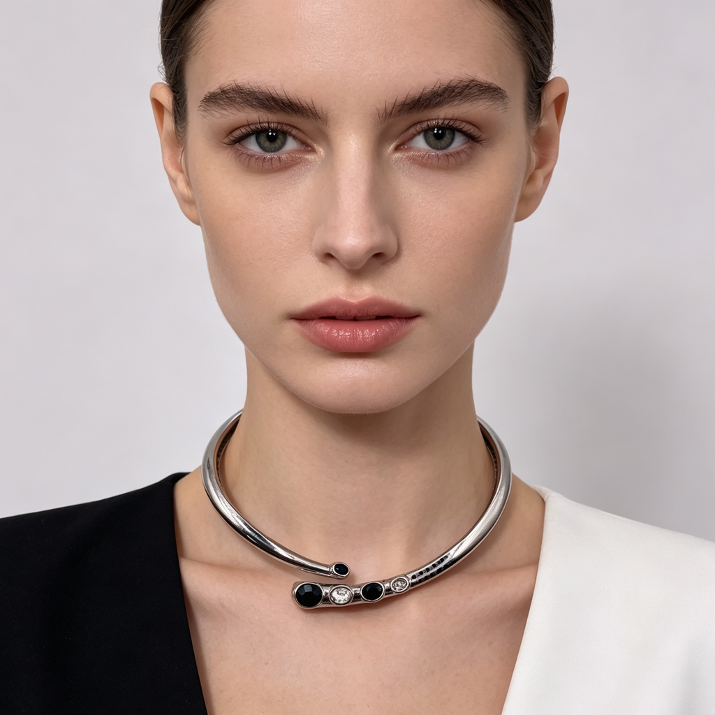 Collar Choker Apertura Plata/Dorado con Piedras Negras y Transparentes | Joya al por mayor