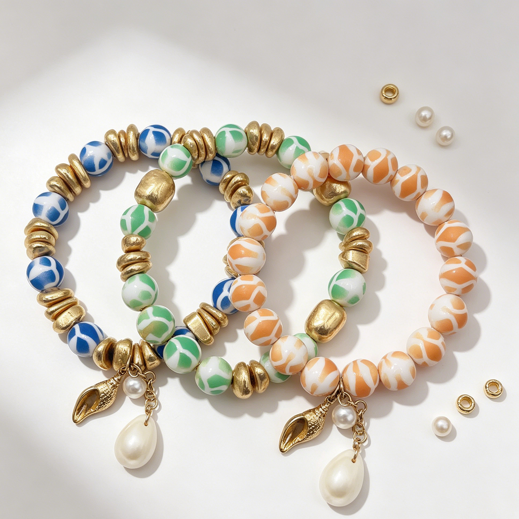Pulseras de cuentas coloridas con accesorios de concha, conjunto de 3 unidades, joyería de moda al por mayor|JI JOYA