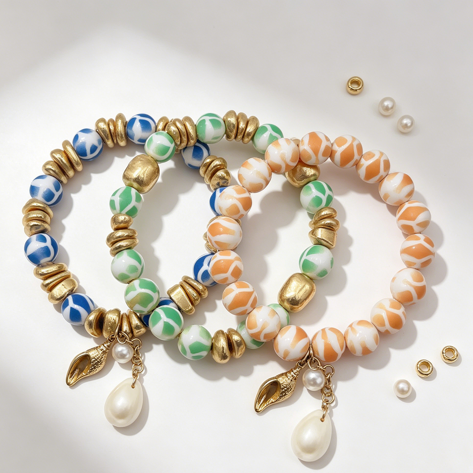 Pulseras de cuentas coloridas con accesorios de concha, conjunto de 3 unidades, joyería de moda al por mayor|JI JOYA