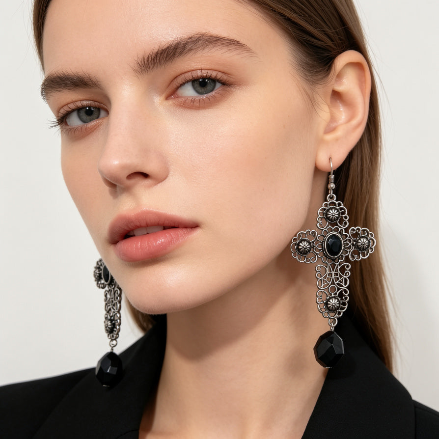 Pendientes Cruz Vintage con Piedra Negra - Oro/Plata - Joyería al Por Mayor|JI JOYA