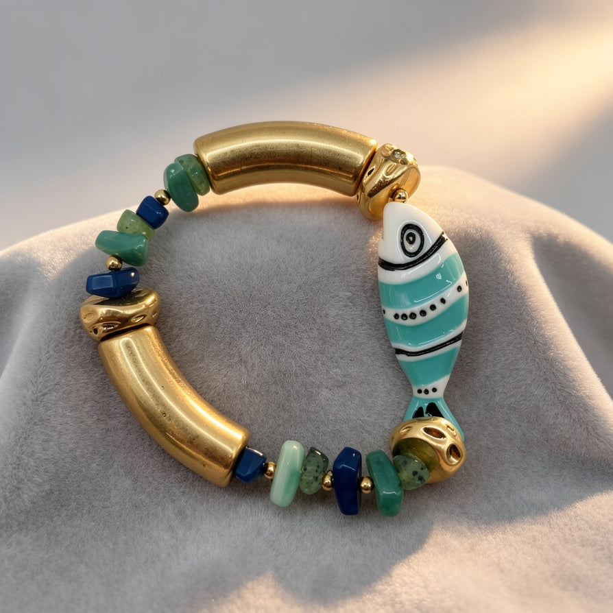 Pulsera Náutica con Pez Cerámica y Piedras Naturales | Joyería Mayorista para Tiendas|JI JOYA
